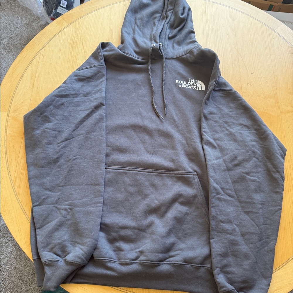 Charcoal Gray Hoodie Size Large Front Pocket String Tie Company Logo